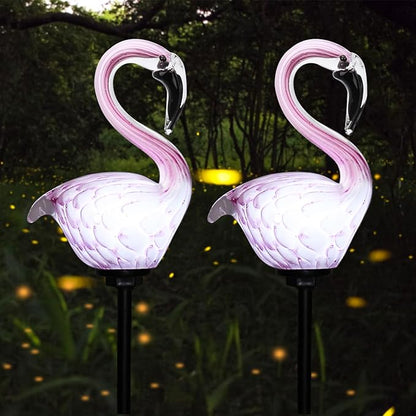 Afirst Solar Outdoor Decorative Lights - Flamingo Handblown Glass Garden Stakes 4" W 2 Pack