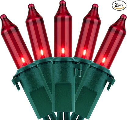 YULETIME 200 Red Christmas Lights, Pack of 2 Sets 33 Feet 100 Count UL Certified Incandescent String Lights (Red - Green Wire)