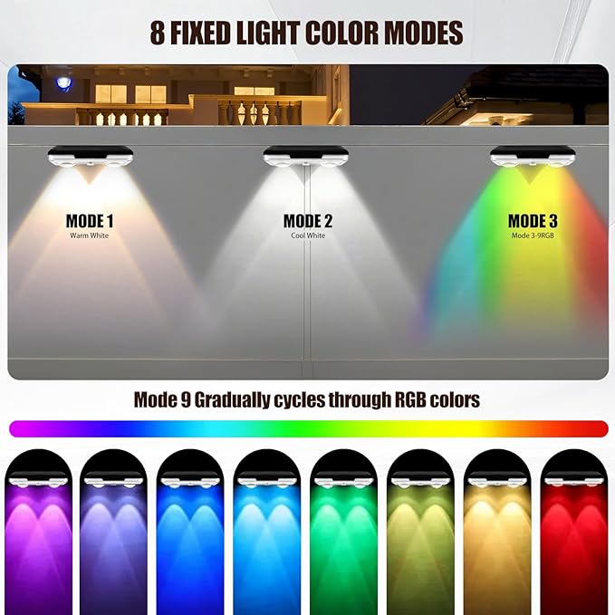 Solar Fence Lights Outdoor，6 Pack IP65 Waterproof Fence Lights Solar Powered with Ultra-Bright LED Lens，12+ Hours Steady Glow 9 Color Modes for Outside Patio Step Backyard Railing