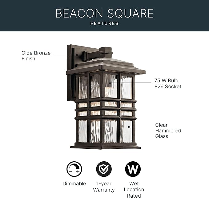 Kichler Beacon Square 1-Light Outdoor Wall Light in Olde Bronze, Clear Hammered Glass Shade, (6.5" W x 12" H x 7.5" | Lumora