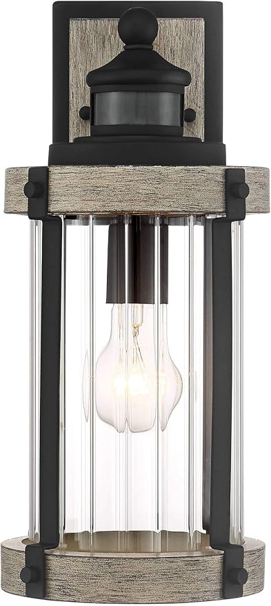 John Timberland Stan Rustic Outdoor Wall Light Fixture Wood Finish Black 15 1/2" Pleated Glass Motion Sensor Dusk to Dawn Decor for Exterior House Porch Patio Outside Deck Garage Yard Front Door