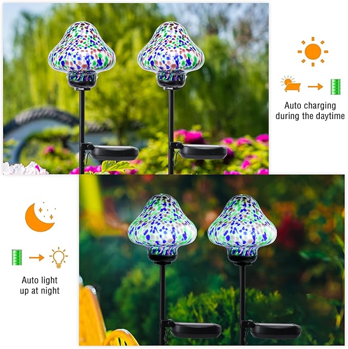 Bshine Mushroom Solar Outdoor Lights, Mosaic Mushroom Lamp Hand-Blown Glass Waterproof Metal Stakes Decorate | Lumora