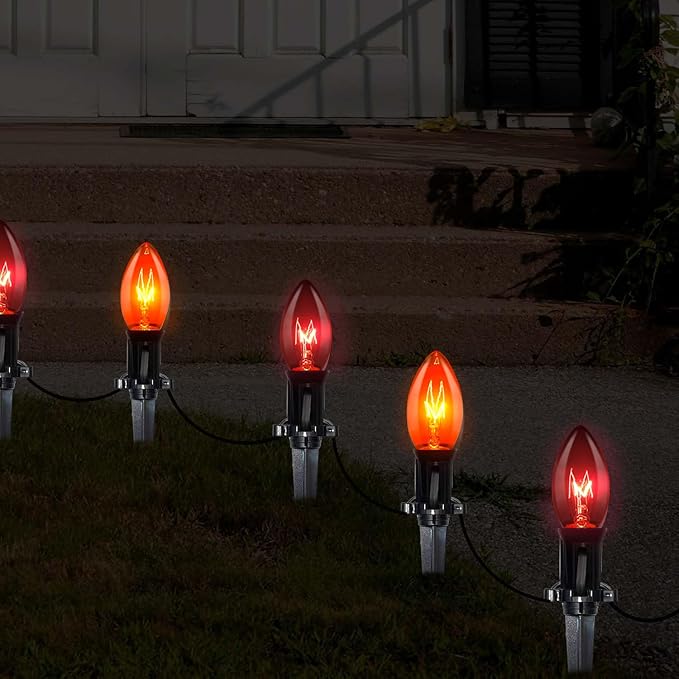 SUNSGNE C9 Orange and Black Halloween Pathway Lights Outdoor, Set of 10 Halloween Stake Lights, Connectable Pathway Markers Light for Walkway Party Driveway Lighting Decor