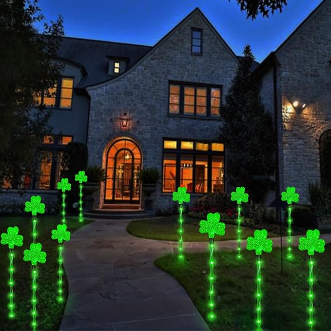 Shamrock Solar Lights for St Patrick's Day Decorations - Outdoor Waterproof 6Pack 48LED Green Garden Stake Light 8 Modes Lucky Clover for Yard, Pathway Decor