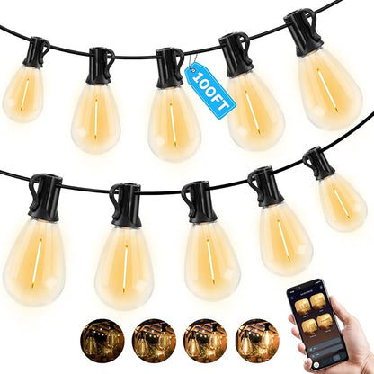 100FT Outdoor String Light with S11 Plastic Bulbs, Low-Voltage LED Patio Light with App & Remote, Music Sync, 4 Lighting Modes, Dimmable & Waterproof for Backyard, Porch, Garden, Deck, Party