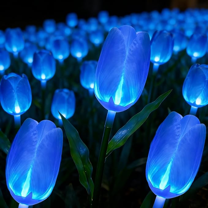 6PACKS Garden Gifts for Mother Day Decorations - Cute Artificial Tulip Blue Flower with Outdoor Path Lights Waterproof,Auto-On/Off,Bright Flower Solar Stake Light for Yard,Porch,Spring Decor