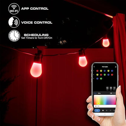 Energizer Smart RGBW+IC Outdoor String Lights, 24ft, 12 Multi-Color & White Sound Reactive LED Bulbs, IP65 Water & Weather Resistant, Voice Control with Alexa, Google, Siri, Grouping, Scheduling