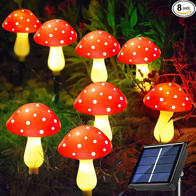 A Set of 8 PCS（Red）New Upgraded Waterproof Solar Mushroom Lights Outdoor Decor,LED Fairy Lights, for Garden Lawn Flower Bed Channel Decoration Easter Pathway Halloween Xmas Decorations