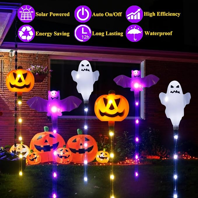 Halloween Decorations Outdoor Solar Pumpkin Bat Ghost Garden Stake Lights, 6-Pack 8 Modes Solar Halloween Lights | Lumora
