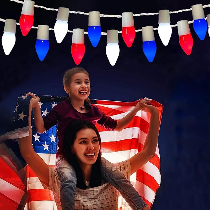 Red White and Blue String Lights 25Ft C7 LED 4th of July Light with 25 Shatterproof Patriotic Lights Plug in Christmas Light for Home Indoor Outdoor Presidents Day Memorial Day Fourth of July Decor