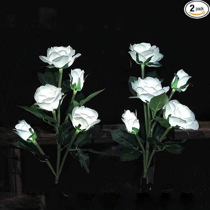 Solar Garden Rose Lights, Decorman 2 Pack Realistic Solar Outdoor Flower Lights Waterproof LED Stake Landscape Decorative Lights with 10 Roses for Garden, Lawn, Yard, Pathway, Patio, Backyard (White)