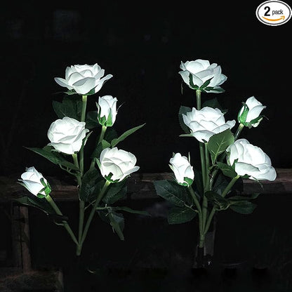 Solar Garden Rose Lights, Decorman 2 Pack Realistic Solar Outdoor Flower Lights Waterproof LED Stake Landscape Decorative Lights with 10 Roses for Garden, Lawn, Yard, Pathway, Patio, Backyard (White)