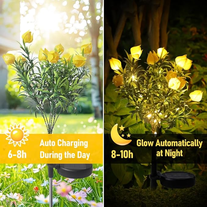Solar Flower Lights Outdoor Realistic Tulip Gardenia Tree Lamps Wireless Design IP65 Waterproof Auto Day 6-8h/Night 8-10h Larger Solar Panel