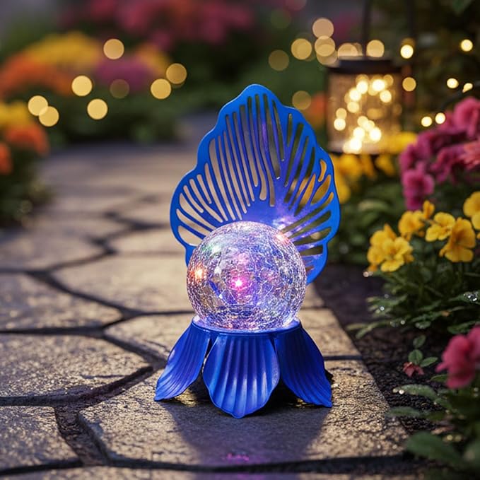 Solar Lights Outdoor Flower Garden Decor with Crackle Glass Globe Lights, Metal Flowers for Outside Yard Lawn Patio Porch Pathway Tabletop, Housewarming Gifts for Mom Women