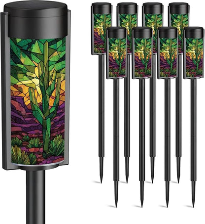 8 Pack Solar Pathway Lights Outdoor Waterproof Stained Glass Window Cactus Desert Sunset Western Border Solar Garden Lights LED Landscape Lighting for Yard Walkway Lawn Garden Decor