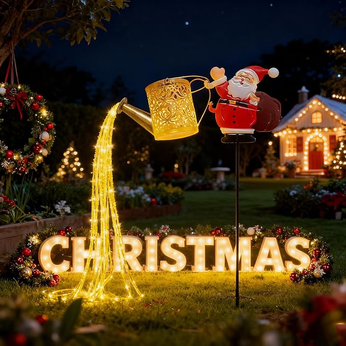 Christmas Solar Kettle Lights, Light Solar Santa Claus Watering Can LED Light, Waterproof Solar Powered Lawn Decorative Lights for Outdoor Christmas Pathway Decoration (Warm White C, Kettle Lights)