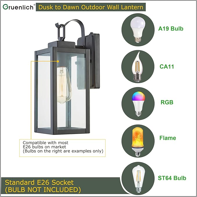 GRUENLICH Dusk to Dawn Outdoor Wall Lantern, Wall Sconce for Porch Lighting Fixture, E26 Base Max 60W, Metal Housing Plus Glass, Matte Black Finish, Bulb Not Included, 1-Pack