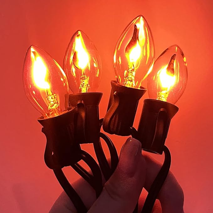 25Ft Flickering Flame String Lights with 27 C7 Flicker Flame Lights Bulbs, C7/E12 Candelabra Base Christmas String Lights for Party Indoor Outdoor Decor, 1 Watt- Black Wire