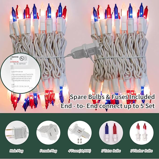 LAMPHOME Patriotic String Lights - Red White Blue Mini Lights with White Wire - 31.9Ft 300 Count UL Certified String Lights for Independence Day Patriotic Holidays Decoration (Red, White & Blue)
