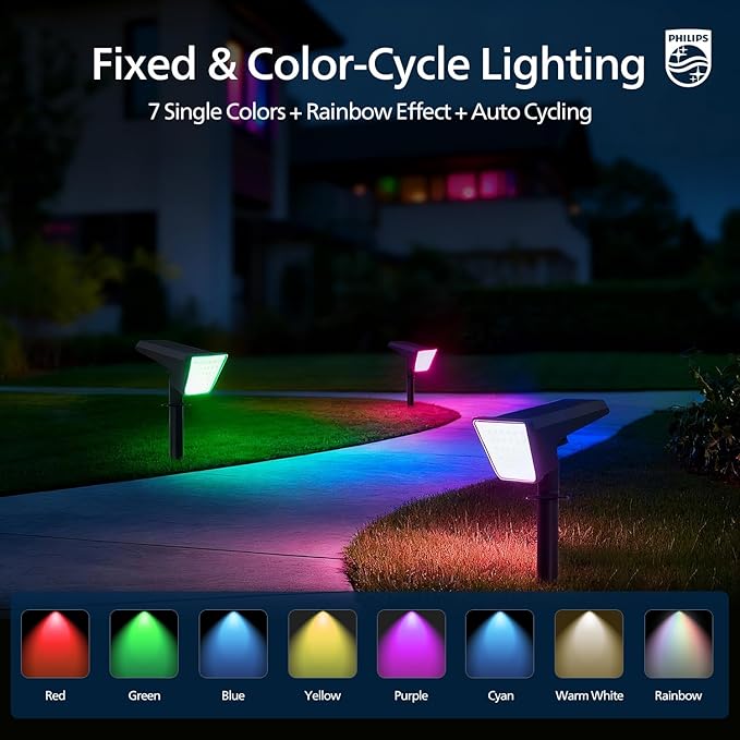 Philips 4 Packs Solar RGBW Spot Lights Outdoor, 18 LED Solar Powered Landscape Lights, 9 Lighting Modes | Lumora
