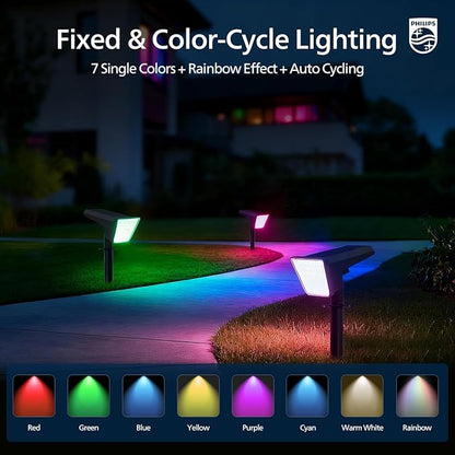 Philips 4 Packs Solar RGBW Spot Lights Outdoor, 18 LED Solar Powered Landscape Lights, 9 Lighting Modes Color-Changing Dusk to Dawn Waterproof Pathway Spotlights for Garden Trees Halloween Christmas