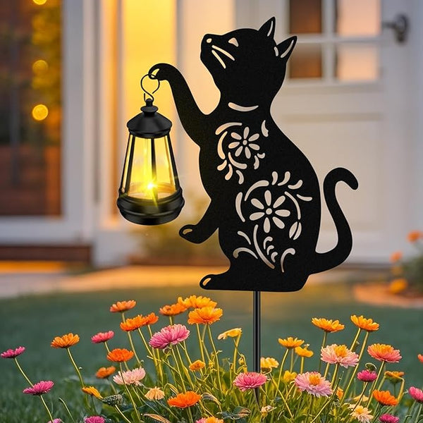 Solar Garden Statues Cat Decor - Outdoor Metal Lantern Silhouette Stake, Waterproof Solar Lights for Yard Patio | Lumora