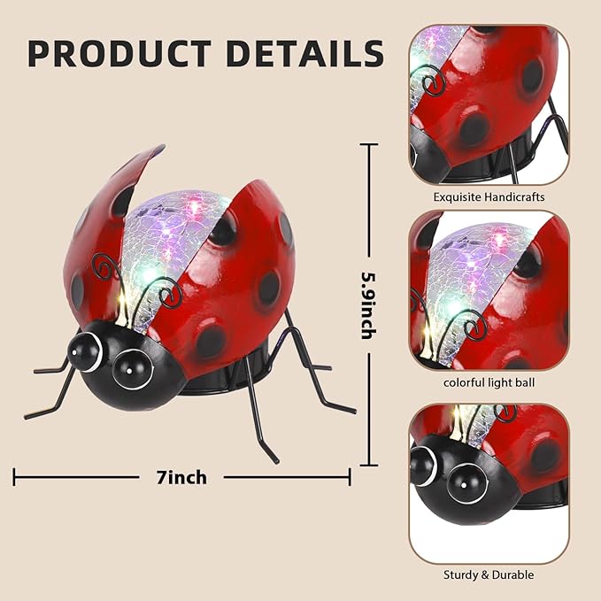 Solar Lights Outdoor Ladybug Decor with Crackle Glass Globe Lights - Cute Metal Ladybug Decor for Yard Lawn Patio Porch Pathway Tabletop, Housewarming Gifts for Mom Women