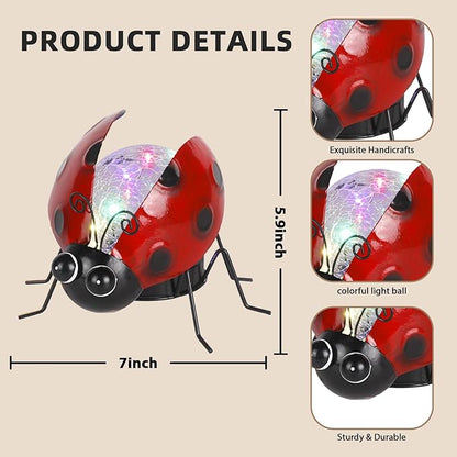 Solar Lights Outdoor Ladybug Decor with Crackle Glass Globe Lights - Cute Metal Ladybug Decor for Yard Lawn Patio Porch Pathway Tabletop, Housewarming Gifts for Mom Women