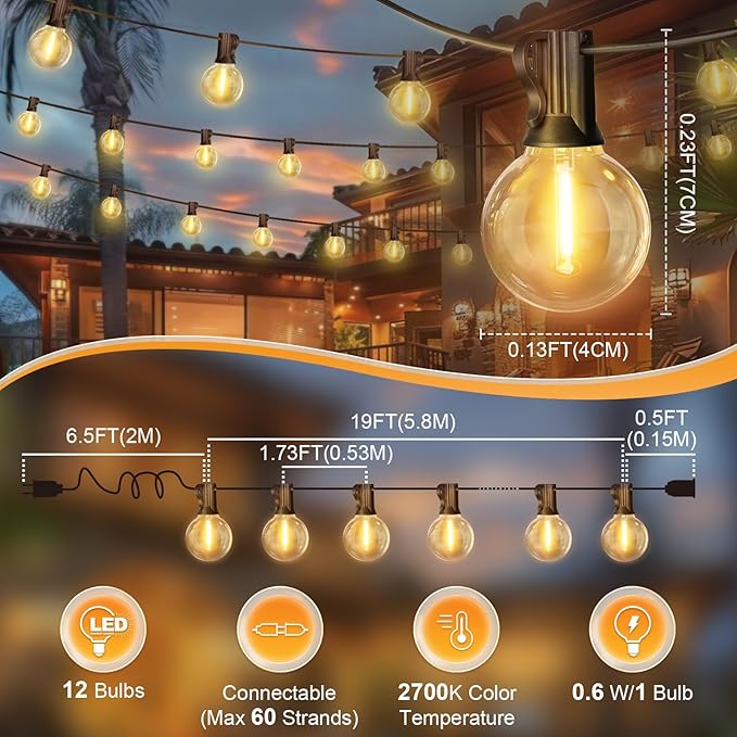 LAMPHOME Outdoor String Lights, 26FT 13 G40 Bulbs Shatterproof Patio Lights, IP65 Waterproof Dimmable Hanging | Lumora