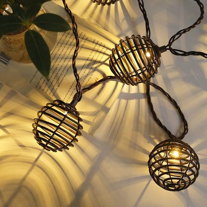 Vigdur Rattan Ball String Lights, Brown Plug in Decorative Lights with 10 Rattan Bulbs, Connectable Patio String Lights for Home, Garden, Backyard & Cottagecore Decor(9.84FT)