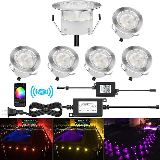 Smart LED Deck Lights Kit WiFi Controlled Color Changeable,Φ1.38“Outdoor IP67 Waterproof Low Voltage Step Lights In-Ground Lighting,Works with Samrt Phone,Alexa, Google Home(6pack)