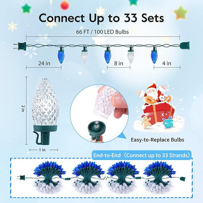 Brightown C9 LED Christmas String Lights, 2 Pack Total 132ft 200LED Outdoor Lights String, Plug-in Connectable Green Wire Lights, Waterproof Roofline Lights String for Outside Yard Christmas Holiday