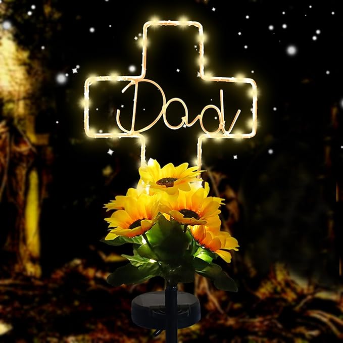 Solar Cross Sunflower Lights for Cemetery Dad, Waterproof Grave Decorations for Cemetery Dad, Sympathy Memorial Gifts for Loss of Dad for Father Day Christmas Memorial Day Grave Decor