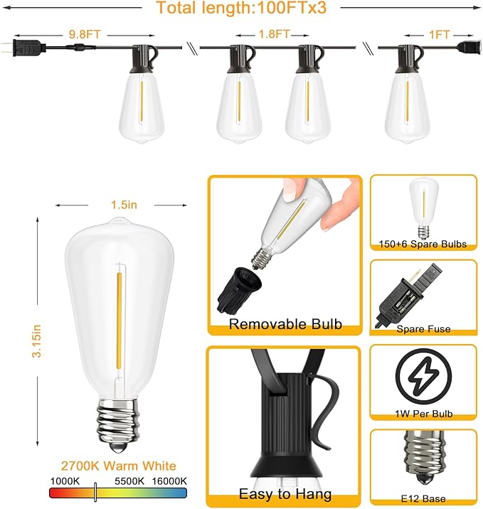 Svater Outdoor String Lights 300 FT, LED Patio Lights Outside with 156 Shatterproof G40 Bulbs, Dimmable Hanging | Lumora