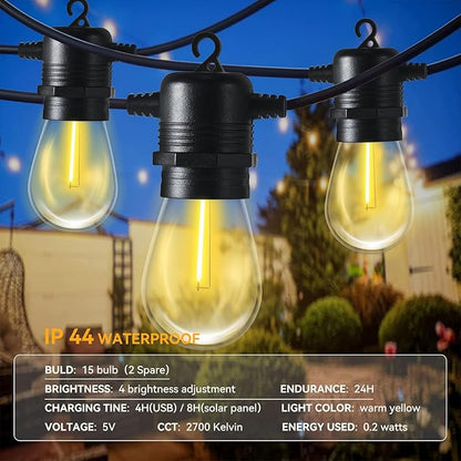 Aoxun 50FT LED Outdoor String Lights with 15 Edison Shatterproof Bulbs(2 Spare), Waterproof Hanging Lights for Gazebo, Porch, Deck, Garden, Backyard