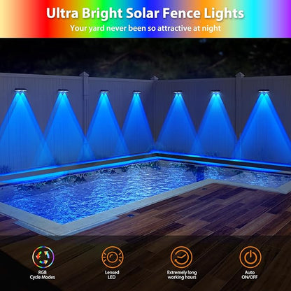 Solar Fence Lights ,RGB & Warm White & 6 Colors Bright Lens LED Dusk to Dawn Deck Light, Fence Solar Lights Outdoor Waterproof, Solar Outdoor Lights for Backyard/Railing/Wall/Step/Patio/Pool (16Pack)