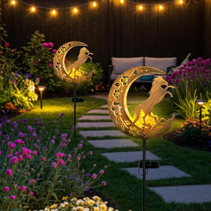 Horse Solar Lights Moon Garden Decor, Horse Gift for Women, Garden-Cracked Glass Ball Solar Lights, Unique Gift Ideas for Gardening Mom Grandma, Outdoor Decorations Patio Yard Lawn Backyard Decor