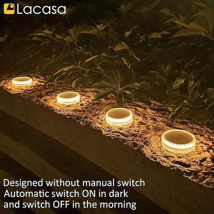 Lacasa 4-Pack Solar Deck Lights Outdoor Waterproof LED, Garden Step Lights Solar Powered Driveway Dock Lights Marine, Dusk to Dawn Lighting for Yard Patio Pathway, Round, Warm White