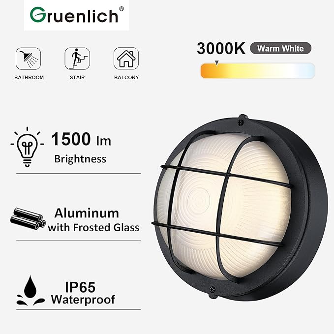 GRUENLICH 8'' Round LED Bulkhead Light Fixture, Outdoor Wall Lights Dimmable, Sauna & Exterior Lighting, ETL Rated, 15W 1500 Lumen, 3000K Warm White, Black Cast Aluminum, Wall/Ceiling Mount, 2 Pack