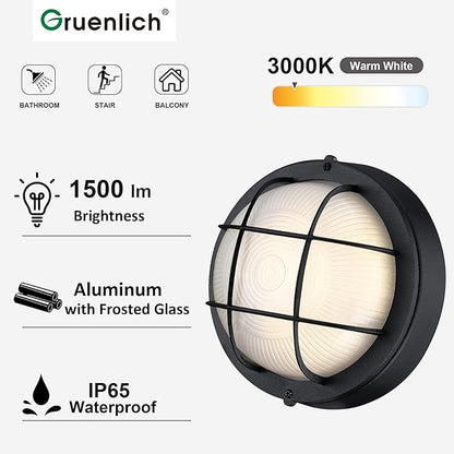 GRUENLICH 8'' Round LED Bulkhead Light Fixture, Outdoor Wall Lights Dimmable, Sauna & Exterior Lighting, ETL Rated, 15W 1500 Lumen, 3000K Warm White, Black Cast Aluminum, Wall/Ceiling Mount, 1 Pack