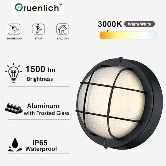 GRUENLICH 8'' Round LED Bulkhead Light Fixture, Outdoor Wall Lights Dimmable, Sauna & Exterior Lighting, ETL Rated, 15W 1500 Lumen, 3000K Warm White, Black Cast Aluminum, Wall/Ceiling Mount, 1 Pack