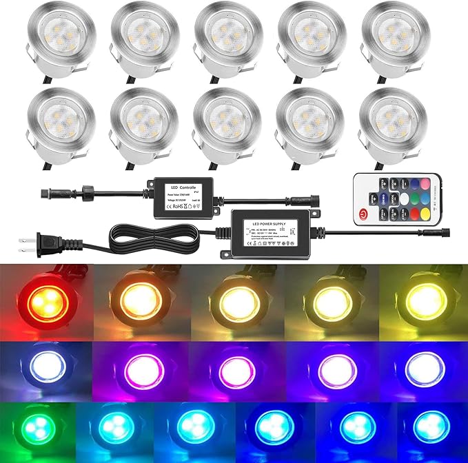 Outdoor Deck Lights Waterproof Multi Color RGB Stainless Steel Outdoor Decoration Lights for Yard Garden Recessed Wood Landscape Pathway Patio Step Stairs (10 Pack,Silver Border)