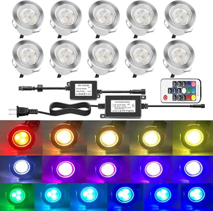 Outdoor Deck Lights Waterproof Multi Color RGB Stainless Steel Outdoor Decoration Lights for Yard Garden Recessed Wood Landscape Pathway Patio Step Stairs (10 Pack,Silver Border)