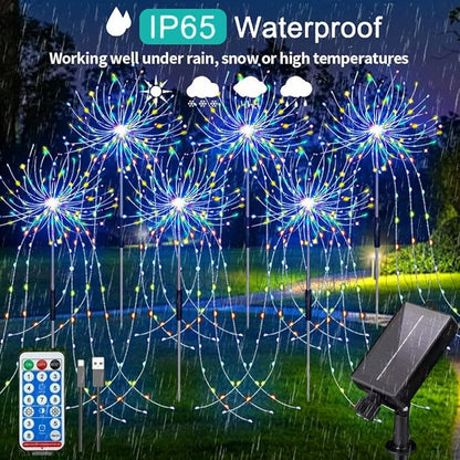 6 Pack 720 LED Outdoor Solar Ground Inserted Colorful Fireworks Lights with Remote Control, Waterproof Solar&USB Powered Courtyard Atmosphere Decorative Lights,8 Modes DIY Path Light.