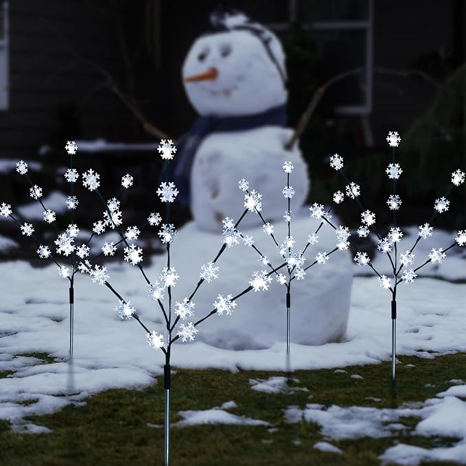 Solar Christmas Pathway Lights for Outside, 4 Pack Artificial Tree Snowflake Stake Lights, Waterproof Christmas Decorations for Yard Garden Patio Party Winter Decor (Multi-Colored)