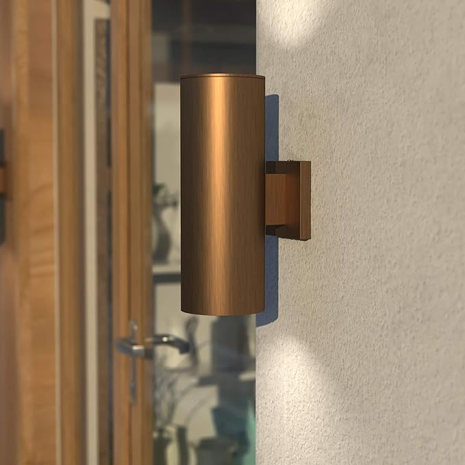 VAXCEL 2-Pack Chiasso 14.25 in. H 2-Light Warm Brass Outdoor Wall Sconce Rust-Resistant Aluminum Gold Metal Shade | Lumora