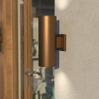 VAXCEL 2-Pack Chiasso 14.25 in. H 2-Light Warm Brass Outdoor Wall Sconce Rust-Resistant Aluminum Gold Metal Shade, Up-Down Wall Wash, LED Compatible, Use for Exterior Porch Patio Front Door or Garage