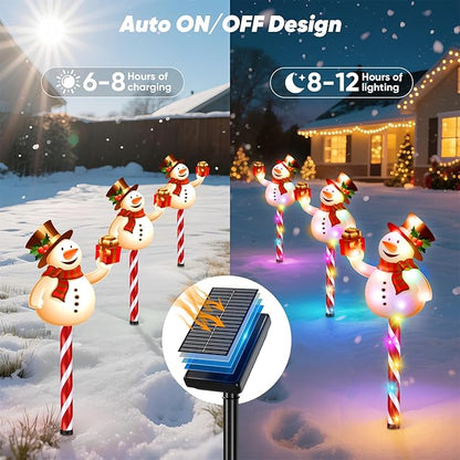 Solar Christmas Decorations Outdoor: Set of 5 Snowman Pathway Lights with Candy Cane Stakes - 10 Modes Waterproof Solar Powered Holiday Yard Decor for Garden Lawn Walkway - Gifts for Women Men
