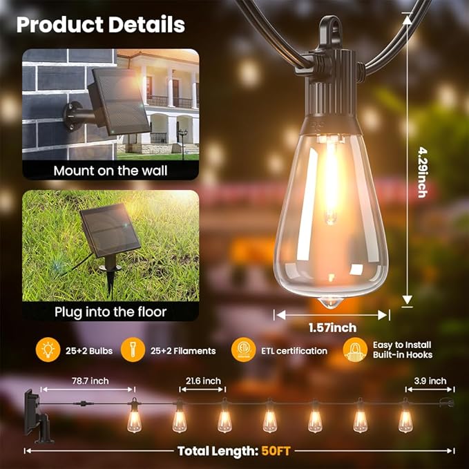 50FT Solar String Lights Outdoor Waterproof IP65 with USB-Charging , Solar Powered LED Patio Lights with 25+2 | Lumora