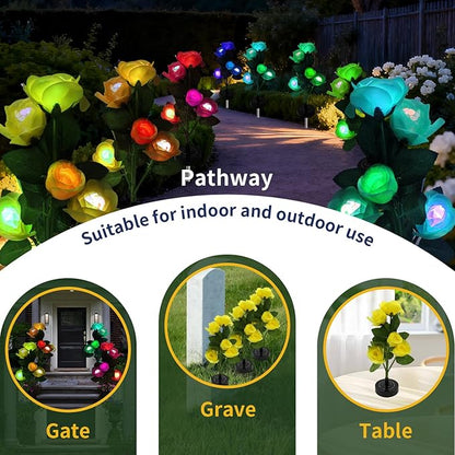 Solar Rose Garden Lights Outdoor Decorative, 7 Color Changing Solar Flower Lights Waterproof, 40H Solar Powered Pathway Lights for Yard Lawn Patio Walkway Landscape Decor, 2pcs